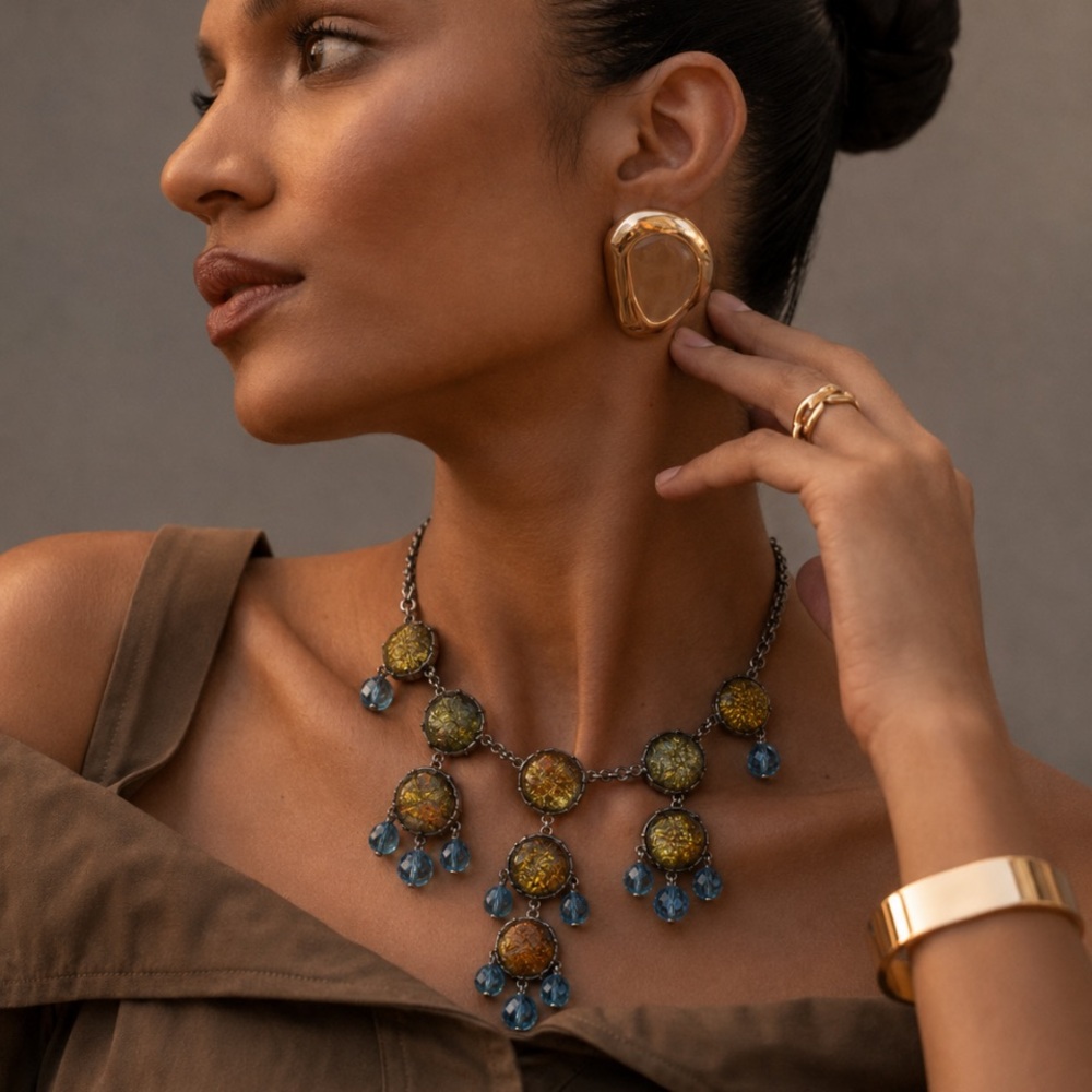 Cracked Glass Pendant Bib Necklace in Gold Blue & Green